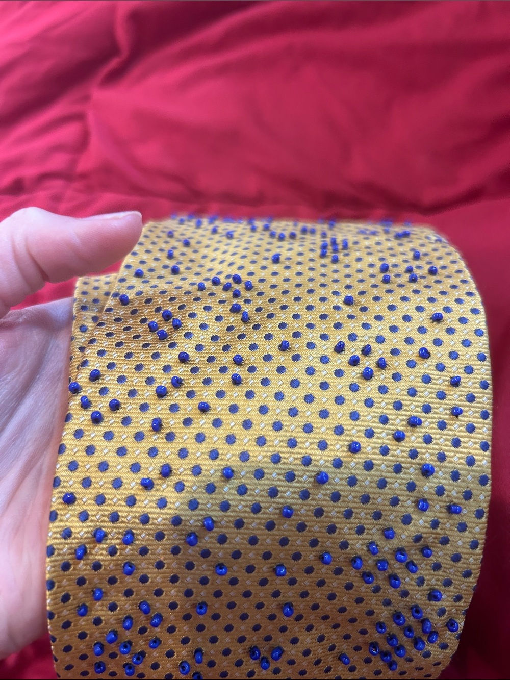 XMI Silk Tie Gold Yellow Blue Dot Custom Hand Beaded Italian Silk Made in USA
